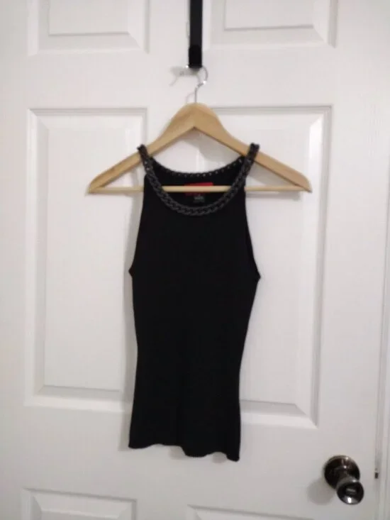 Carina Black Chain Strap Halter Tank Top Stretch Knit Size Medium Sleek Minimali - Picture 4 of 7
